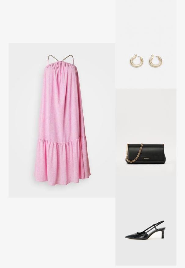 Rosa, ermeløs kjole med samlet liv, volangkant og dekorative kjede-stropper. Har en teksturert mønster i hele kjolen.; Sorte patent slingback hæl med spids tå, featuring tekstureret slangeskind, justerbar rem og en kort, tekstureret blokhæl.; Svart skinnkuvertveske med en gullkjede-rem, med en glatt tekstur, rektangulær form og preget merkevare på forsiden.; Lauren Ralph Lauren BASIC SMALL HOOP - Øredobber - gold-coloured