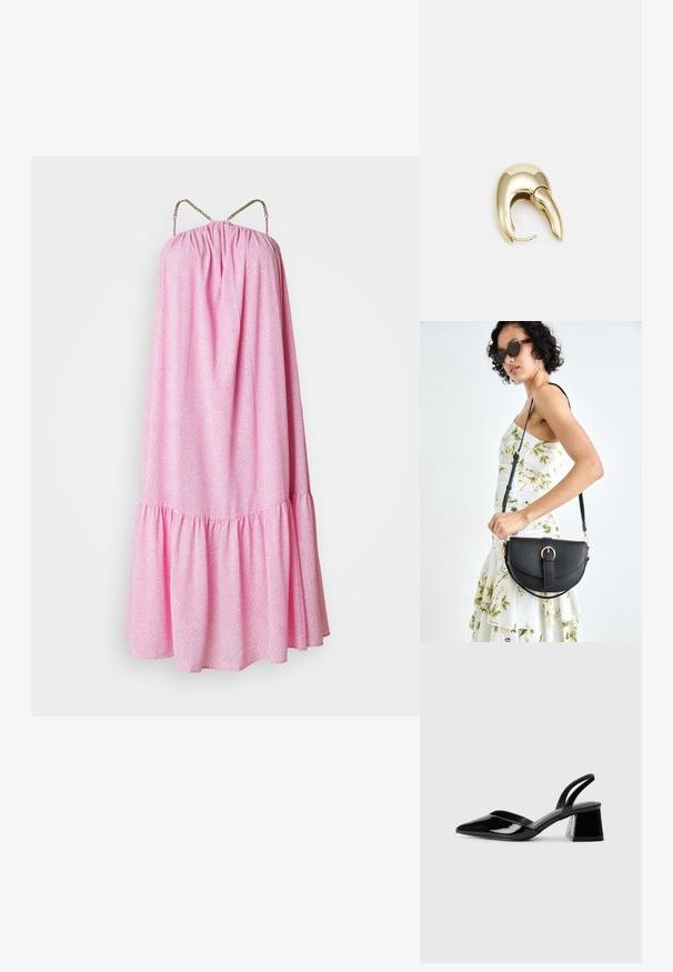 Rozā, bez piedurknēm, kleita ar sakoptu bodi, viļņotu apakšmalu un dekoratīvām ķēdes siksnām. Visā kleitā ir teksturēts raksts.; Melna lakota āda ar atvērto papēdi, ar smailu purngalu un ģeometrisku blokpapēdi. Iezīmējas elegants, minimāls dizains un gluda tekstūra.; Melnas ādas rokassoma ar izliekta formu, noņemamu siksnu un zelta aksesuāriem. Somai ir vāciņš ar sprādzes detaļu.; Zeltīti metāla auskari ar gludu, izliekta dizaina. Ar atšķirīgu smailu formu, pulētu virsmu un eņģu aizdari.