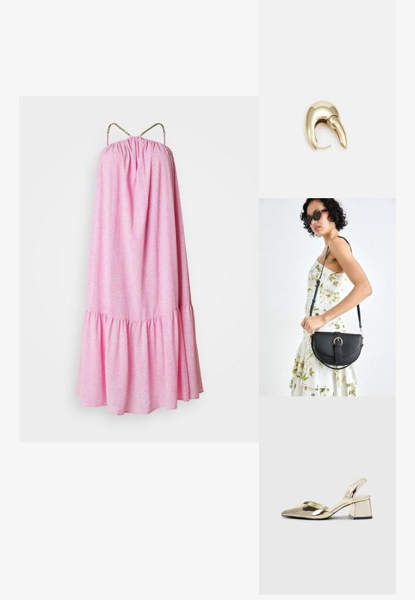 Rosa, ärmelloses Kleid mit gerafftem Oberteil, Rüschensaum und dekorativen Kettenträgern. Verfügt über ein strukturiertes Muster über das gesamte Kleid.; Goldene, metallische Slingback-Absätze mit spitzem Zeh und dicker Ferse. Glatte Textur, minimalistisches Design und ein schmaler Riemen.; Schwarze Lederhandtasche mit geschwungener Form, abnehmbarem Tragegurt und goldenen Beschlägen. Die Tasche verfügt über einen Deckel mit einer Schnallen-Details.; Ohrringe aus goldfarbenem Metall mit einem schlanken, geschwungenen Design. Sie verfügen über eine markante, spitze Form, eine polierte Oberfläche und einen Scharnierverschluss.