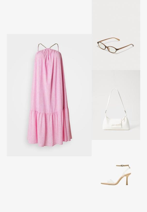 Vaaleanpunainen, hihaton mekko, jossa on rypistyksiä vartalon ympärillä, röyhelöinen helma ja koristeelliset ketjuhihnat. Mekossa on koko ajan näyttävä tekstuurikuosi.; Kirkas korkokenkä läpinäkyvällä varrella, beigellä pohjalla ja hoikalla nilkkahihnalla. Ominaisuuksiin kuuluu terävä kärki ja ohut korkea korko.; Ruskeat kilpikonnaruutulasiset silmälasit, joissa ovaalit linssit, ohuet varret ja läpinäkyvät yksityiskohdat. Temppeleissä on huomaamaton logo. Suunnittelultaan suora ja kevyt.; Valkoinen synteettinen käsilaukku, jossa on kolmikulmainen muoto, tasainen etu läppä ja nauhadetail, säädettävä olkahihna, sileä rakenne ja minimalinen muotoilu.