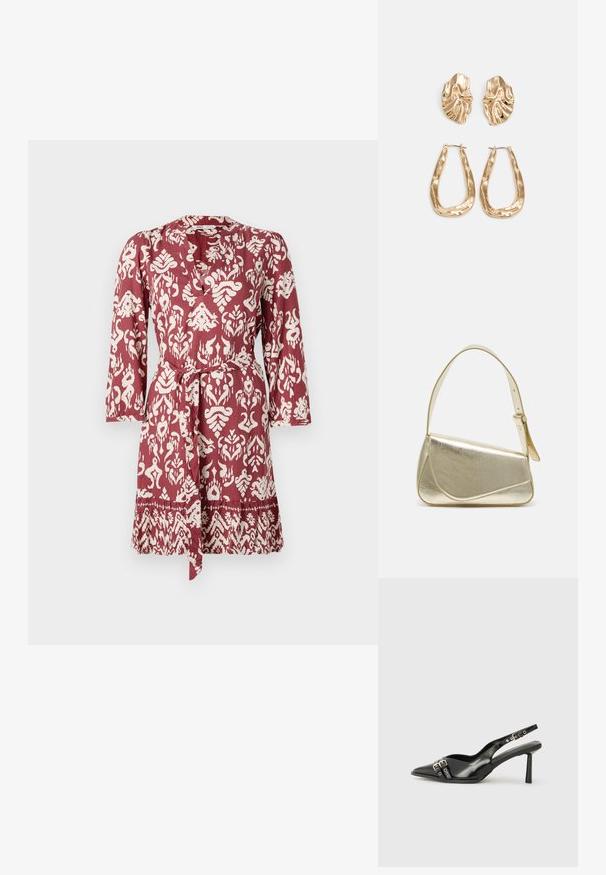 Punainen ja valkoinen kuvioitu mekko, jossa on sidottava vyötärö, pitkät hihat ja V-mallinen kaula-aukko. Mekossa on monimutkainen kukka- ja geometrinen kuviointi.; Musta patenttinen nahkainen slingback-kengät, joissa on terävä nenä, nilkkahihnat hopeisilla soljilla ja varusteilla sekä hoikka korko.; Kultainen metallinen käsilaukku, jossa on jämäkkä muotoilu, sileä pinta ja säädettävä olkahihna. Sisältää ainutlaatuisen kolmiomaisen muodon ja minimalistisen tikkaustyylin.; Korukultainen korvakorut, joissa on teksturoituja, aaltoilevia muotoja. Mukana on veistokselliset klipsikorvakorut ja avoin rengasmalli, jossa on vasaroitu pinta.