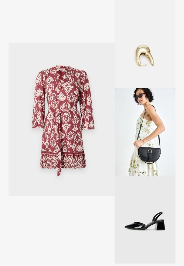 Punane ja valge mustriga kleit, millel on vöökoht, pikad varrukad ja V-kaelus. Omab keerukat lille- ja geomeetrilist disaini.; Mustad musta lakknahk kingad, millel on terav varvas ja geomeetriline plokkkonts. Omab elegantselt minimalistlikku disaini ja sujuvat tekstuuri.; Mustmust mustraha kõverate joontega, eemaldatava rihmaga ja kuldsete detailidega. Kotil on klapp, millel on pandladetail.; Kuldtooni metallist kõrvarõngas, millel on elegantne ja kaarjas disain. Omab silmapaistvat teravat kuju, poleeritud pinda ja hingesulgemist.