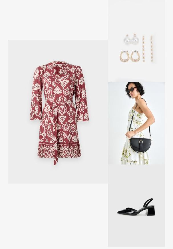 Raudona ir balta raštuota suknelė su juosmens raiščiu, ilgomis rankovėmis ir V formos iškirpte. Ją puošia sudėtingas gėlių ir geometrinis dizainas.; Juodos lakuotos odinės šlepetės su smailiu pirštu ir geometriniu bloko kulnu. Turi elegantišką, minimalistinį dizainą ir lygų paviršių.; Juodas odinis krepšys su išlenkta forma, nuimamu dirželiu ir auksiniais detalėmis. Krepšys turi kilpą su sagtimi.; Trys auskarų poros: dideli balti perlų studai, auksinės auskarai su skaidriais brangakmeniais ir du ilgi tiesūs auksiniai akcentų auskarai su blizgančiomis detalėmis.