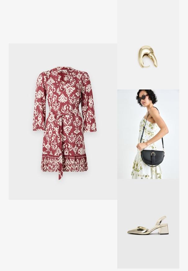 Rochie cu model roșu și alb, cu talie legată, mâneci lungi și decolteu în V. Prezintă un design floral și geometric complex.; Pantofi cu toc slingback metalici aurii, cu vârf ascuțit și toc chunky. Textură netedă, design minimalist și o curea subțire.; Geantă din piele neagră, cu o formă curbată, curea detașabilă și accesorii aurii. Geanta are un capac cu un detaliu tip cataramă.; Cercei din metal de culoare aurie cu un design elegant și curbat. Prezintă o formă distinctivă, ascuțită, o suprafață lustruită și un sistem de închidere cu balama.