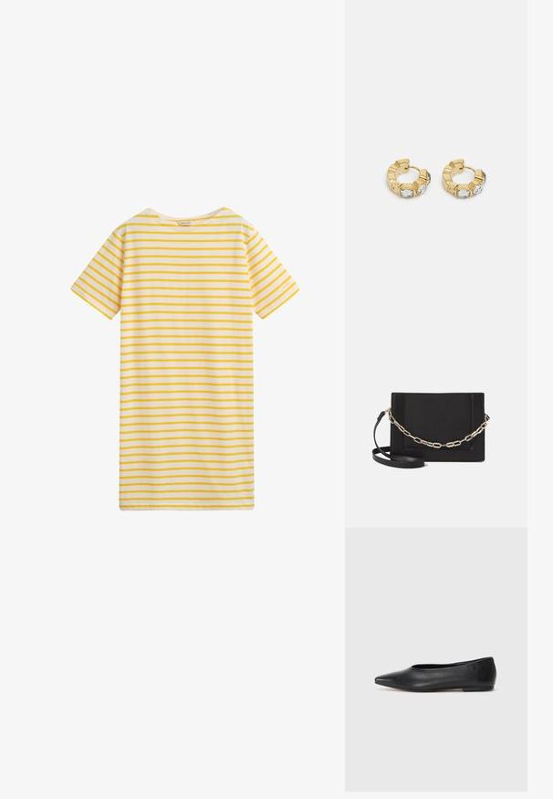 Kratka haljina kratkih rukava izrađena od mekog materijala, s horizontalnim prugama u žutoj i bijeloj boji. Jednostavna okrugla izreza, ravnog kroja i bez vidljivih dodataka.; Crne kožne balerinke, uski vrh, minimalistički dizajn, glatka tekstura, niska peta, bez vidljivih dodataka ili ukrasa.; Crna kožna torba preko tijela s glatkom teksturom, pravokutnim oblikom i metalnim lancem na prednjoj strani. Uključena je podesiva naramenica.; Zlatne okrugle naušnice s teksturiranim dizajnom i tri prozirne kristalne akcenta s jedne strane, nudeći modernu geometrijsku estetiku.