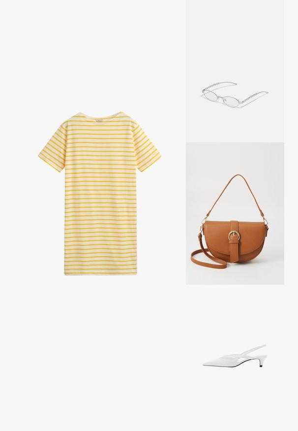 Ručně šitá šaty s krátkým rukávem vyrobené z měkké tkaniny, s žlutými a bílými vodorovnými pruhy. Jednoduchý kulatý výstřih, rovný střih a bez viditelného hardwaru.; Bílé slingback podpatky se špičatou špičkou, s hladkým svrškem, jemnými výřezy a nízkým blokovým podpatkem. Černá podrážka zvýrazňuje design.; Oválné brýle s metalickým stříbrným rámem, čirými skly a texturovanými korálkovými akcenty na spáncích. Lehce provedení s zakřivenými nohama.; Hnědá kožená křížová taška s zakřiveným tvarem, zlatými detaily a akcentem s přezkou. Obsahuje odnímatelný popruh na rameno.