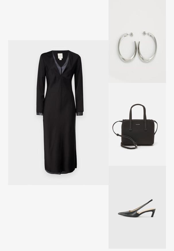 Crna haljina dugih rukava od glatkog materijala, s dubokim V-izrezom, satenskim detaljima na ovratniku i bočnim prorezima za lakše kretanje.; Crne cipele s izduženim vrhom i remenom oko pete, s niskom petom, izrađene od glatke kože i s izrezbarenom stranom radi prozračnosti.; Crna torba s dva kratka ručka i uklonjivom naramenicom. Glatki materijal nalik koži s zatvaračem na zatvaranje i detaljem s logom.; Srebrne kružne naušnice s glatkim, zakrivljenim dizajnom. Imaju sjajnu metalnu završnu obradu i kopču na tipku. Nema vidljivih uzoraka ili ukrasa.