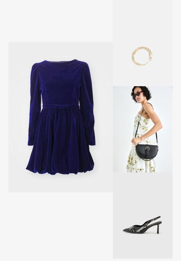 Žametna obleka v temno modri barvi z dolgimi rokavi, okroglim izrezom in prilegajočim pasom. Ima nabrano krilo in usklajen pas.; Črne patentne usnjene sandale s koničastim nosom, zankami okoli gležnja s srebrnimi sponkami in opremo ter vitkimi petami.; Črna usnjena torbica s ukrivljeno obliko, z odstranljivo naramnico in zlatimi dodatki. Torbica ima pokrov s podrobnostmi v obliki zaponke.; Zlati prstan s organskim, zvitim dizajnom, gladko površino in taperiranimi konci, ki ustvarja modernega, skulpturalnega videza.