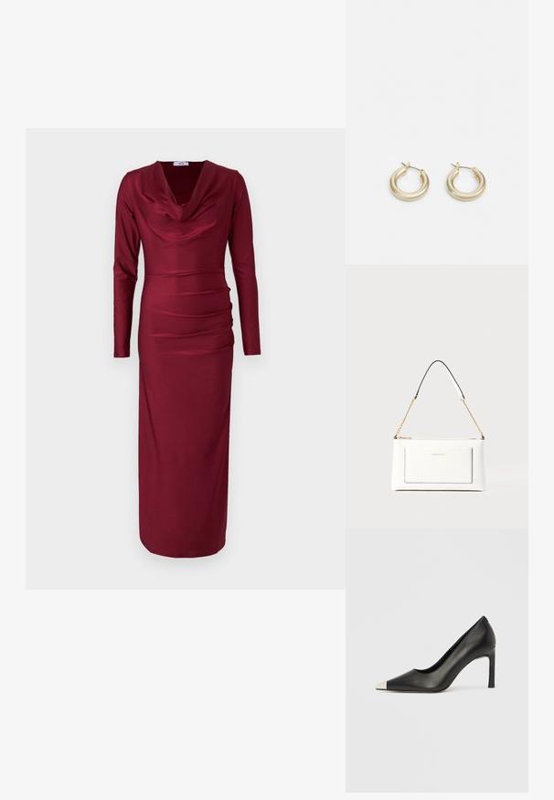 Vestido borgonha de manga comprida com decote drapeado, detalhes franzidos ao longo do tronco e uma silhueta ajustada. Tecido liso e elástico.; Sapato de salto alto em couro preto com bico apontado e biqueira metálica prateada. Apresenta um acabamento liso e um salto esguio de 10 cm.; Bolsa de mão branca em couro com acabamento texturizado, featuring a corrente dourada e detalhes pretos. Inclui um bolso frontal e fecho com zipper.; Lauren Ralph Lauren BASIC SMALL HOOP - Brincos - gold-coloured