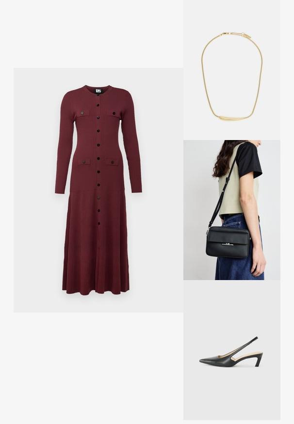 Dolga rokavi, rebrasta midi obleka v burgundski barvi s črnimi gumbi spredaj in gumbi s preklopnimi žepi na prsih in bokih.; Črne čevlje s koničastimi nosovi in slingback obliko z nizko peto, izdelane iz gladke usnjene materiale ter s črtasto zasnovo na strani za prezračevanje.; Calvin Klein LINEAR CAMERA BAG - Torba čez telo - black; Zlatom pozlačen ogrlica z gladkim, ukrivljenim osrednjim poudarkom. Ima fleksibilno verigo z ježkom in dodatne prilagodljive verižice.