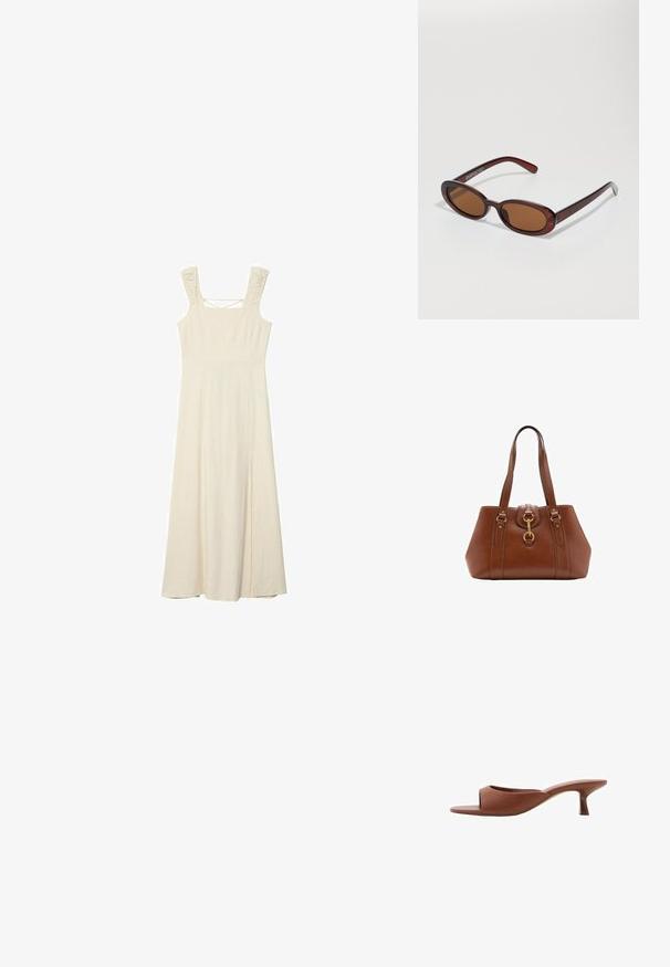 Abito maxi senza maniche color crema con corpetto aderente, spalline testurizzate e uno spacco laterale per facilitare i movimenti. Tessuto morbido e leggero.; Mule con tacco aperto di colore marrone, con una finitura liscia e opaca, caratterizzate da un design curvo e un tacco trasparente e affusolato.; Occhiali da sole rotondi con tonalità marrone, montatura lucida color bordeaux. Aste sottili con un sottile dettaglio del marchio. Design delle lenti piatte.; Borsa a tracolla in pelle marrone con doppie cinghie, forma arrotondata, accessori in oro e un dettaglio con fibbia centrale. Texture liscia con rifiniture cucite.