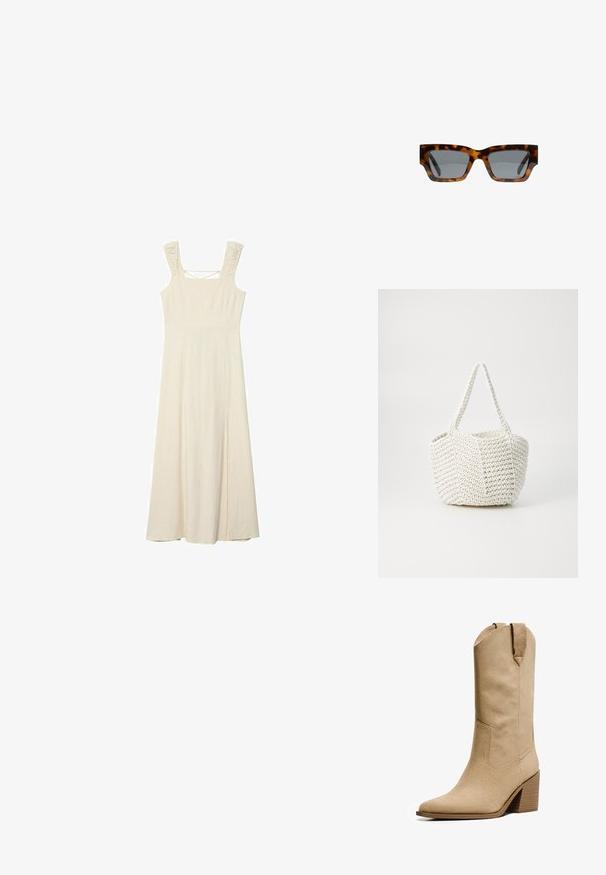 Abito maxi senza maniche color crema con corpetto aderente, spalline testurizzate e uno spacco laterale per facilitare i movimenti. Tessuto morbido e leggero.; Bershka HIGH-HEEL - Stivali texani / biker - beige; Occhiali da sole tartarugati con montatura angolare, lenti grigie e una finitura liscia. Presentano un audace design geometrico e stecche spesse.; Borsa intrecciata bianca con una finitura testurizzata, dotata di due manici e una forma strutturata, adatta per un uso casual.