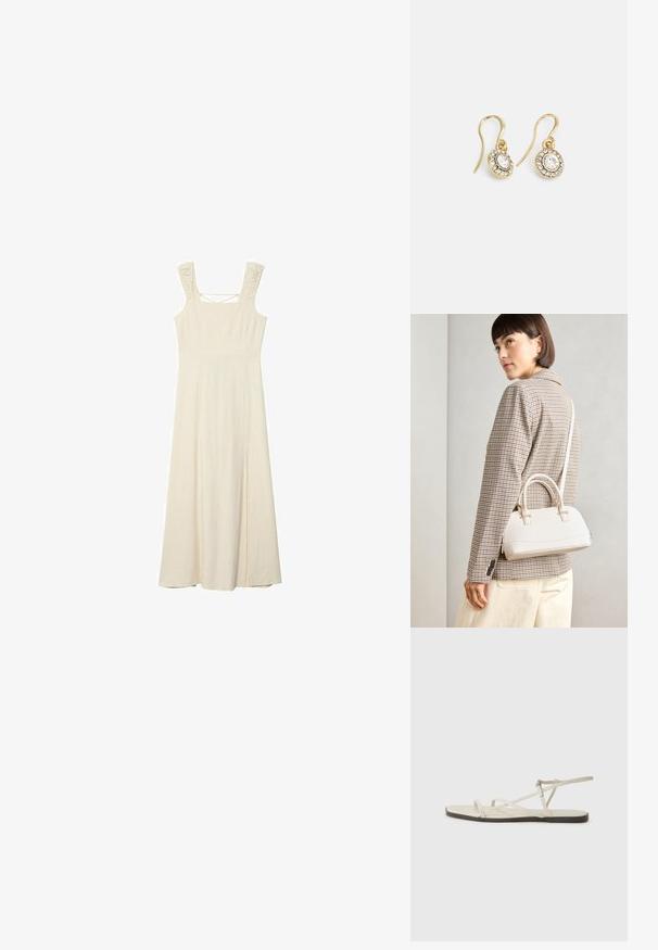 Ärmelloses, cremefarbenes Maxikleid mit taillierter Oberseite, strukturierten Trägern und einem seitlichen Schlitz für Bewegungsfreiheit. Weicher, leichter Stoff.; Beige flache Sandale mit mehreren schlanken Riemen und einer verstellbaren Schnalle. Die Sohle ist flach und hat einen leichten dunklen Kontrast am Rand.; Weiße strukturierte Handtasche mit kurzen Griffen und einem Schultergurt, ausgestattet mit goldfarbenen Hardware-Elementen und strukturiertem Material, vor einem grauen Hintergrund präsentiert.; Goldfarbene Ohrringe mit ovalen klaren Kristallen, die von kleineren klaren Steinen umgeben sind, und einem Haken-Design für sicheren Halt.