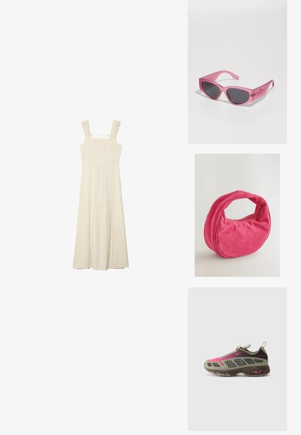 Bezramínkové maxi šaty v krémové barvě s přiléhavým korzetem, texturovanými ramínky a bočním rozparkem pro snadný pohyb. Měkká, lehká látka.; Sportovní obuv v kombinaci olivové zelené a tmavě hnědé barvy s růžovými akcenty. Texturovaný svršek a viditelná vzduchová odpružení v podešvi.; Růžové průhledné sluneční brýle s ostrými, kočičími tvary, tmavě zabarvenými skly a embosovaným textem na stranici, který zní "SLUNEČNÍ BRÝLE."; Next MINI HELD - Kabelka - pink