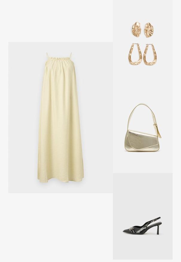 Haljina bez rukava do poda od svijetlo žutog materijala. Ima naborani izrez i glatku, lepršavu teksturu. Jednostavan A-linijski silueta.; Crna lakirana slingback cipela s izduženim vrhom, remenčićima oko gležnja s srebrnim kopčama i dijelovima, te vitkim potplatom.; Zlatna metalna torba s uređenim dizajnom, glatkom teksturom i podesivim remenom. Ima jedinstven trokutasti oblik i minimalističko šivanje.; Naušnice zlatne boje s teksturiranim, valovitim oblicima. Uključuju skulpturalne kopče i dizajn otvorene kružnice s kovanom završnom obradom.