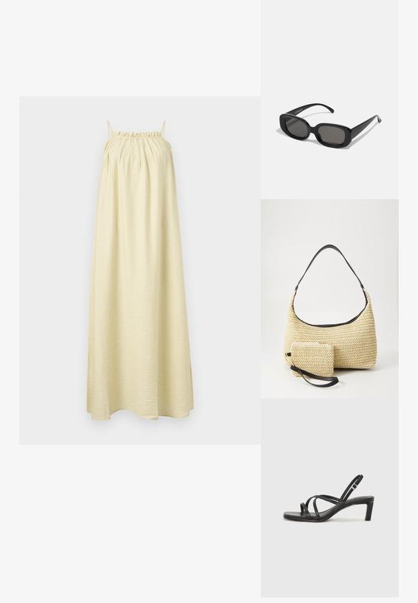 Brezrokavni, dolgi plašč v svetlo rumeni tkanini. Ima zbrano dekolte in gladko, tekočo teksturo. Preprost A-linijski silhuet.; Črne natikače s trakovi in kvadratnim prstom ter nizkim blokastim peto. Imajo več tankih trakov in nastavljiv trak okoli gležnja. Narejene so iz gladkega usnja.; Črne pravokotne sončne očala s temnimi lečami. Debel plastičen okvir, gladka tekstura in zaobljeni robovi. Modernejši temple se raztegneta navzven.; Tkana torbica iz slame s zakrivljenim siluetom, ki vključuje gladek črn usnjen trak in usklajen majhen žep, pritrjen z ročajem za zapestje.