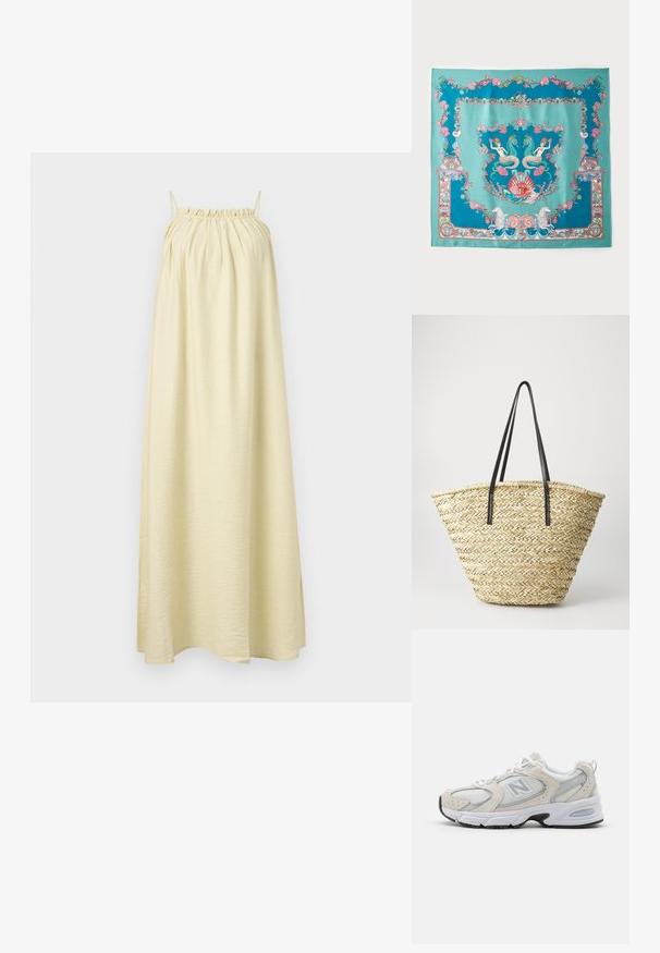 Bezramionowa, długa sukienka w jasnym żółtym kolorze. Charakteryzuje się marszczonym dekoltem i gładką, zwiewną fakturą. Prosta, sylwetka w kształcie litery A.; Buty sportowe z jasnoszarym meshem i zamszowymi akcentami, białymi sznurówkami i czarną gumową podeszwą. Zauważalny detal poduszek ABZORB.; Turkusowy jedwabny szalik z misternymi wzorami morskim, w tym syrenami, muszlami i koralowcami, oprawiony ozdobną ramką.; Woven straw tote bag o szerokim, stożkowatym kształcie, z dwoma czarnymi skórzanymi uchwytami. Naturalny beżowy kolor o fakturowej powierzchni.