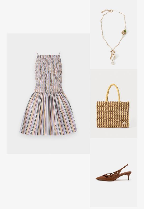 Ελαφρύ, πολύχρωμο ριγέ φόρεμα με ραμμένο σώμα, λεπτές τιράντες και φαρδύ φούστα, που διαθέτει κατακόρυφα σχέδια σε διάφορα χρώματα.; Καφέ δερμάτινο γόβο με ανοιχτό πίσω μέρος, μυτερή μύτη, σχέδιο κοπής και ραμμένα λεπτομέρειες. Διαθέτει λεπτό τακούνι και ρυθμιζόμενο λουρί.; Υφασμένο τσάντα σε καφέ και κίτρινο, με ορθογώνιο σχήμα, δύο λαβές και υφή με ορατή ραφή και ετικέτα μάρκας.; Χρυσό λαιμόλκιο με στριμμένα κρίκους, λευκά μαργαριτάρια και μία πράσινη πέτρα ως διακοσμητικό στοιχείο. Διαθέτει περίπλοκες λεπτομέρειες και κούμπωμα για την ασφάλιση.