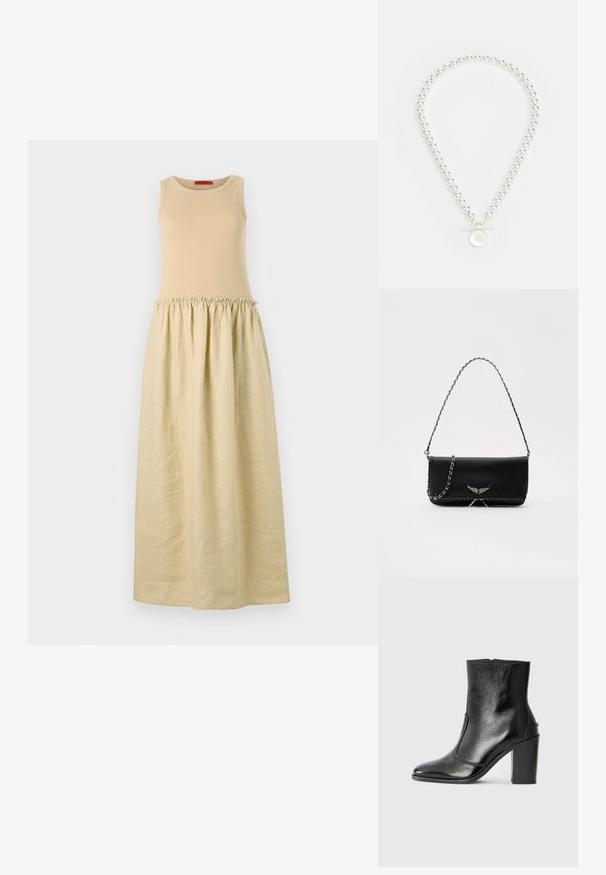 Vestido sem mangas com um topo justo em malha bege e uma saia solta e franzida em bege claro. Textura suave e design até ao chão.; Bota ankle preta em pele com uma textura suave, bico fino e um salto alto robusto. Apresenta uma abertura lateral e um design minimalista.; Saco de couro preto com uma alça de corrente prateada, apresentando ornamentos em forma de asas e costura branca ao longo da costura inferior.; Lauren Ralph Lauren NK 17" BEADED LOGO COLLAR /TGGLE - Colar - silver-coloured
