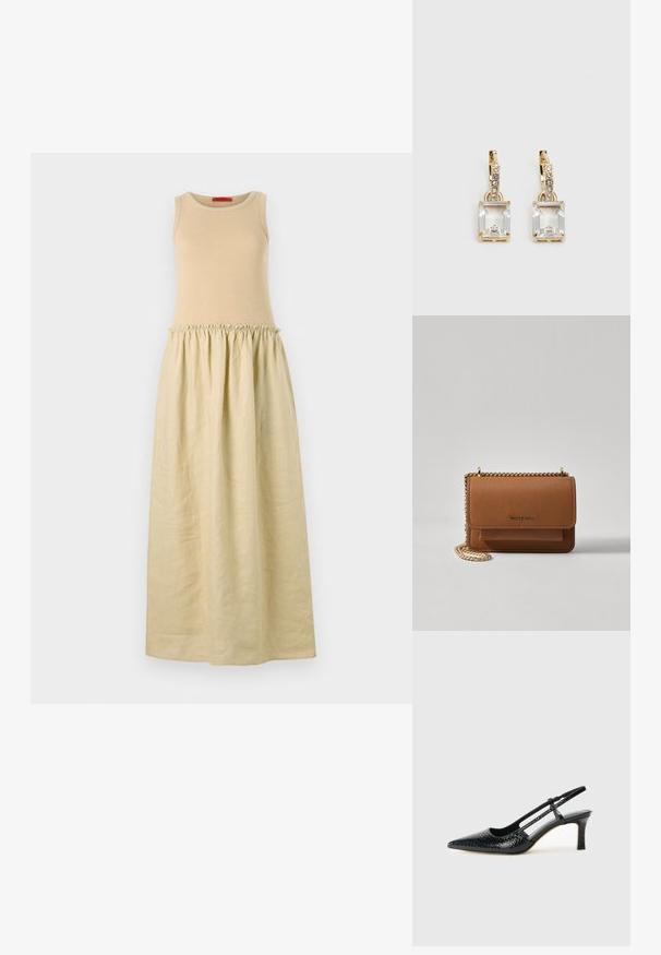 Haljina bez rukava s pripijenim bež pletenim gornjim dijelom i labavim, svijetlosmeškim naboranim suknjom. Mekana tekstura i dizajn do poda.; Crne lakirane slingback pete s oštrim vrhom, s teksturiranim uzorkom zmijske kože, podesivom remenom i kratkom, teksturiranom blok-petom.; Smeđa kožna torba preko tijela s teksturom, zlatnim lančićem i preklopom na zatvaranju. Na prednjoj strani nalazi se detalj s potpisom i džep ispod preklopa.; Zlatne naušnice s pravokutnim, prozirnim kristalom koji visi ispod niza malih, okruglih prozirnih akcenata. Elegantni, moderni dizajn.