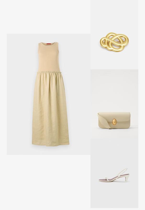 Ujjatlan ruha, testhezálló bézs kötött felsőrésszel és egy laza, világos bézs redőzött szoknyával. Puha textúrájú és földig érő kialakítású.; Fehér, pántos szandál enyhe sarokkal, vékony pántokkal és sima bőr textúrával; kis díszítő csattal rendelkezik.; Beige bőrtáska sima textúrával, téglalap alakban, arany ovális zárral. Hosszú, állítható pánttal rendelkezik.; Arany színű brosúra, csomózott díszítéssel, sima, ívelt vonalakkal és bonyolult formával, fényes felülettel.