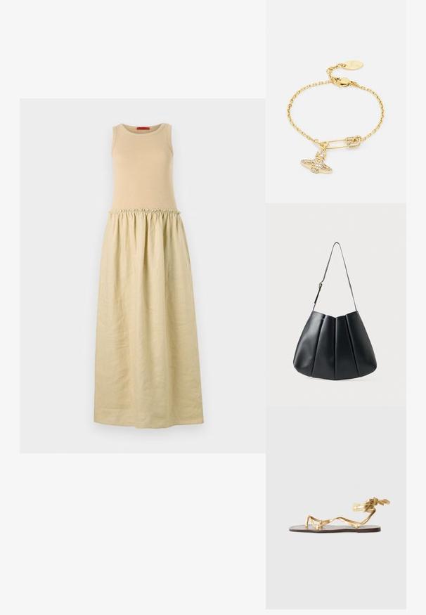 Mouwenloze jurk met een nauwsluitende beige gebreide bovenkant en een losse, lichtbeige geraffineerde rok. Zachte textuur en vloerlange ontwerp.; Platte sandaal met een gouden metallic afwerking, dunne bandjes en een striksluiting. De zool is gemaakt van bruin leer met een minimalistisch ontwerp.; Zwarte leren schoudertas met geplooid ontwerp, zachte textuur, enkele schouderriem en een subtiele gouden hardware accent.; Gouden armband met een kettingontwerp, versierd met een veiligheidsspeldcharme en een sprankelende strikdetail. Inclusief een sluiting met haak en logotag.