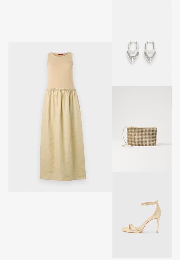 Brezrokav oblačilo z oblikovanim svetlo bež pletenim zgornjim delom in ohlapno, svetlo bež zloženko. Mehka tekstura in dolžina do tal.; Zlatne metalne sandale s visokom potpeticom, otvorenim prstima, kaišom oko gležnja s kopčom i platformom za dodatnu visinu. Glatka tekstura.; Loeffler Randall YASMINE FLAT CLUTCH - Torba čez telo - gold; Srebrni ključavnice v obliki srca z vgraviranima besedama "DA" in "NE", s poliranim zaključkom, simetričnim dizajnom in robustnim kovinskim nosilcem.