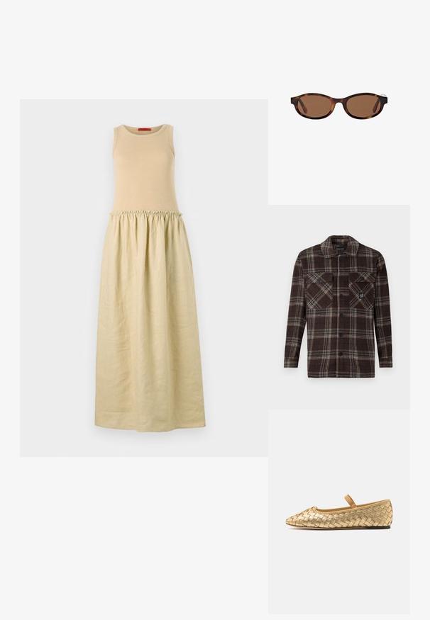 Šaty bez rukávů s přiléhavým béžovým pleteným topem a volnou, světle béžovou nařasenou sukní. Měkká textura a dlouhý střih.; Hnědá kostkovaná košile s knoflíky, která slouží jako bunda, se dvěma předními kapsami na knoflíky na hrudi a malým logem na pravé kapse.; Loeffler Randall LEONIE SOFT BALLET FLAT - Baleríny s páskem - gold; Hnědé sluneční brýle s oválnými obroučkami, zdobené želvovinovým vzorem a širokými stranami. Hladký povrch a jemný branding na boku.; Tmavě zelená semišová taška přes rameno se zipem na vrchu, plochý tvar, nastavitelný popruh se perforacemi a hladký matný povrch.