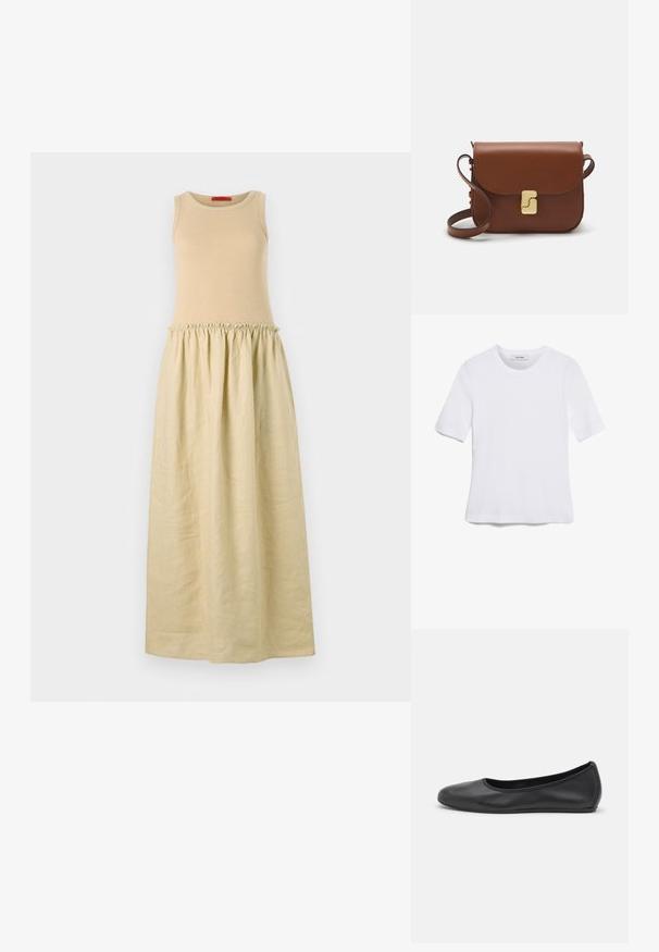 Šaty bez rukávů s přiléhavým béžovým pleteným topem a volnou, světle béžovou nařasenou sukní. Měkká textura a dlouhý střih.; Bílá tričko s krátkým rukávem vyrobené z žebrované tkaniny. Kulatý výstřih, normální střih a jemné detaily šití. Bez vzorů nebo grafik.; Černé kožené baletní byty s kulatou špičkou, hladkou texturou, minimálními švy a flexibilním designem podrážky.; Hnědá kožená kabelka s klopou, zlatými kovovými detaily, ramenním popruhem a hladkým povrchem. Kompaktní obdélníkový tvar.