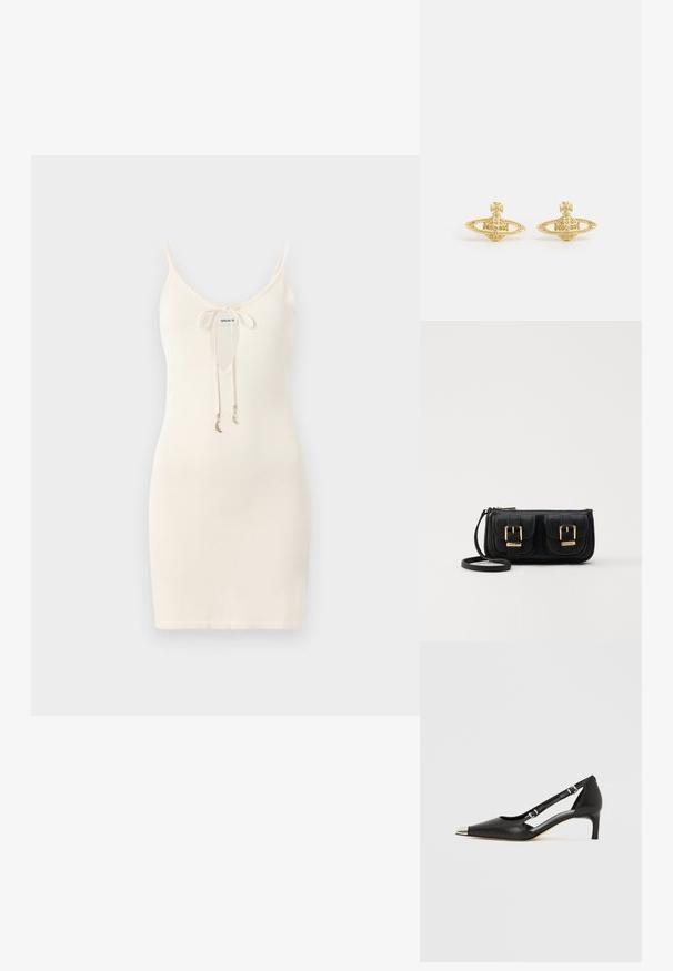 White knitted dress with spaghetti straps, a deep V-neckline, and a front tie closure. Features gold-colored decorative charms on the ties.; Black leather kitten heel with pointed silver toe cap and dual buckle straps on a white background.; Black leather crossbody bag with two front pockets, gold buckles, zipper closure, and a slim strap. Textured surface and compact rectangular shape.; Vivienne Westwood MINI BAS RELIEF EARRINGS - Earrings - gold-coloured
