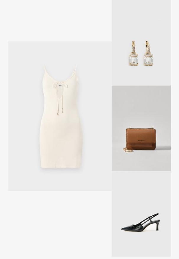 Bela pletena obleka s tanjšimi naramnicami, globokim V-izrezom in sprednjim vezanjem. Vključuje zlate okrasne amuletke na veznih trakih.; Črne lakaste slingback pete s koničastim nosom, ki imajo teksturiran vzorec kačje kože, nastavljiv trak in kratek teksturiran blok peto.; Rjava teksturirana usnjena torba čez ramo z zlatim verižnim trakom in zapiranjem na pokrov. Spredaj je vidna podrobnost logotipa in žep pod pokrovom.; Zlato obarvani uhani, ki vsebujejo pravokoten, prozoren kristal, obešen pod vrsto majhnih, okroglih prozornih dodatkov. Elegantna, moderna zasnova.