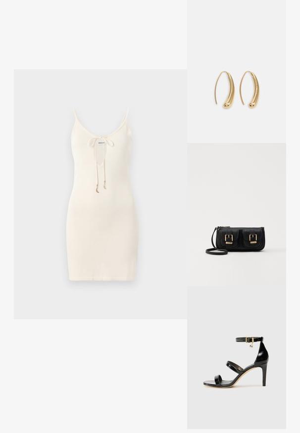Bijela pletena haljina s naramenicama, dubokim V-dekolteom i prednjim vezanjem. Sadržava zlatne ukrasne šarmove na vezicama.; Crne lakirane kožne sandale s tri trake, kopčom na zapešću i potpeticom od 10 cm. Sadrže zlatne detalje i privjesak s logotipom.; Crna kožna torba preko ramena s dva prednja džepa, zlatnim kopčama, zatvaranjem na zip i uskim remenom. Teksturirana površina i kompaktan pravokutan oblik.; Zlatne metalne naušnice u obliku obruča s zakrivljenim, izduženim oblikom. Imaju glatku, sjajnu površinu i zaobljeni vrh za dodatni detalj.