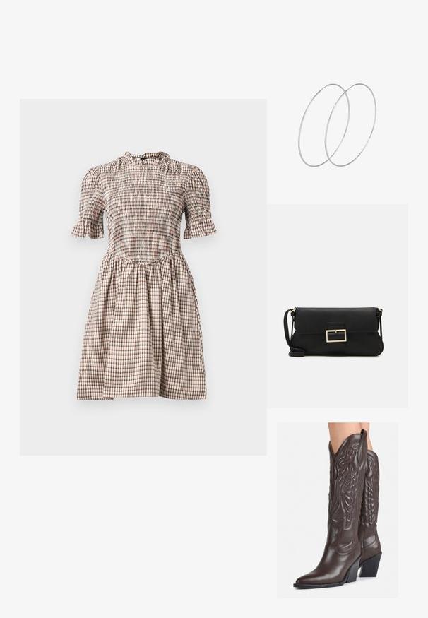 Patrikos raštuotas suknelė iš minkštos medžiagos, su smock’uotu liemeniu, trumpomis pūkuotomis rankovėmis, raukšlėtu iškirpimu ir išsiplėtusiu sijonu. Spalvos: smėlinė, ruda ir raudona.; Rudos odinės kaubojaus batai su smailiu priekiu ir blokuotu kulnu, pasižymintys detaliu siuvinėjimu ir iškiliais akcentais ant ašies.; Juodas odinis dėkliukas su atvarteliu ir auksinės metalinės sagties detalėmis. Įeina juodas diržas ir elegantiškas, minimalistinis dizainas.; Sidabrinės pusmėnulio auskarai minimalistiniu dizainu. Apskritimo forma, lygus paviršius ir plonas profilis. Lengvi su poliruotu apdailu.