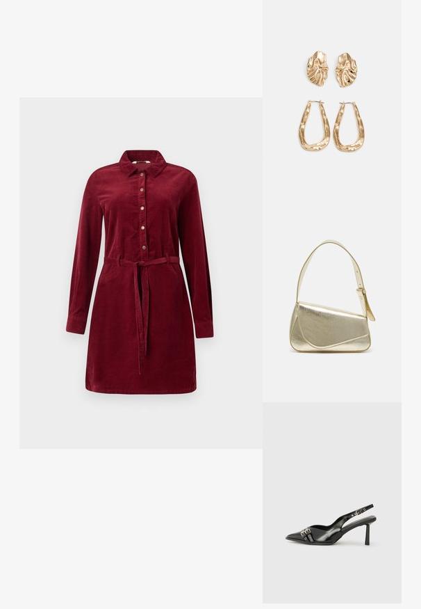 Rochie cămașă din catifea bordeaux, cu mâneci lungi, închidere prin butoane, guler și curea la talie. Include buzunare laterale și o fustă ușor evazată.; Pantofii slingback din piele lăcuită neagră, cu vârf ascuțit, bretele pentru gleznă cu catarame și accesorii din argint, și un toc subțire.; Geantă de umăr metalică aurie cu un design structurat, textură netedă și curea reglabilă. Prezintă o formă triangulară unică și cusături minimaliste.; Cercei aurii cu forme texturate și ondulate. Include studs sculpturale cu clip și un design de cerc deschis cu un finisaj cioplit.