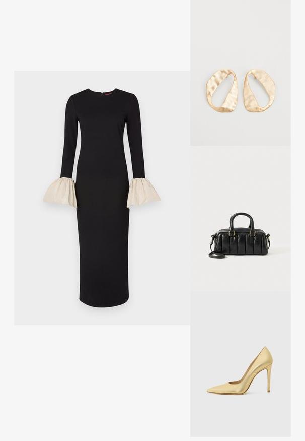 Svart klänning med långa ärmar som har krämfärgade utsvängda manschetter. Slät, figurnära design med rund halsringning och en dragkedja i ryggen.; Guld metallisk spetsig tå högklackad sko med stilettklack, visad från sidan på en enkel ljus bakgrund.; Svart läderhandväska med puffy-design, två korta handtag och avtagbar axelrem. Detaljer i guldton.; Ett par oregelbundna ovalformade örhängen i guldtonad metall med en strukturerad, något hamrad yta på en vit bakgrund.
