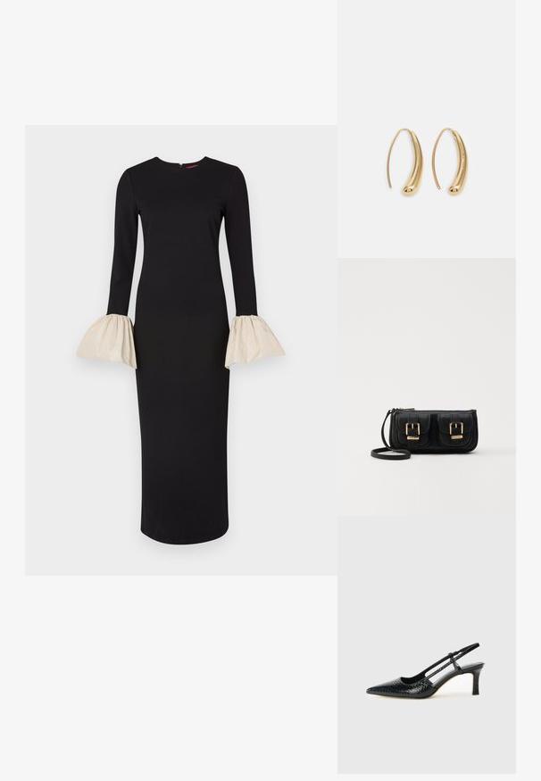 Černé šaty s dlouhými rukávy a krémovými rozšířenými manžetami. Hladký, přiléhavý střih s kulatým výstřihem a zipem na zadní straně.; Černé lakované slingback podpatky s špičatou špičkou, zdobené texturovaným hadím vzorem, nastavovacím páskem a krátkým texturovaným blokovým podpatkem.; Černá kožená crossbody taška se dvěma předními kapsami, zlatými přezkami, zipovým uzávěrem a štíhlým popruhem. Texturovaný povrch a kompaktní obdélníkový tvar.; Náušnice ve tvaru kruhu z pozlaceného kovu s vroubkovaným, prodlouženým tvarem. Mají hladký, lesklý povrch a zaoblený konec pro zvýraznění detailu.