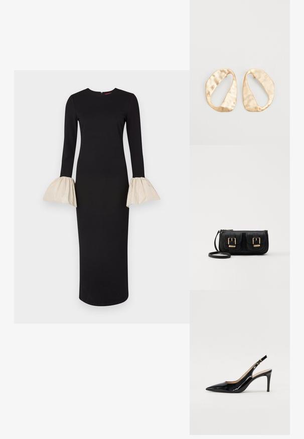 Črna obleka z dolgimi rokavi, ki ima kremne široke manšete. Gladka, prilegajoča zasnova z okroglo ovratnico in zadrgo na hrbtu.; Črne lakirane slingback čevlje z izostrenim nosom, ozkim peto in subtilnim izrezom. Na traku je zlata sponka.; Črna usnjena torbica čez ramo z dvema sprednjima žepoma, zlatimi zaponkami, zadrgo in ozkim pasom. Tekstura površine je strukturirana, obliko pa ima kompaktno pravokotno.; Par nenavadno ovalnih zlatih metalnih uhani s teksturirano, rahlo udarjeno površino na belem ozadju.