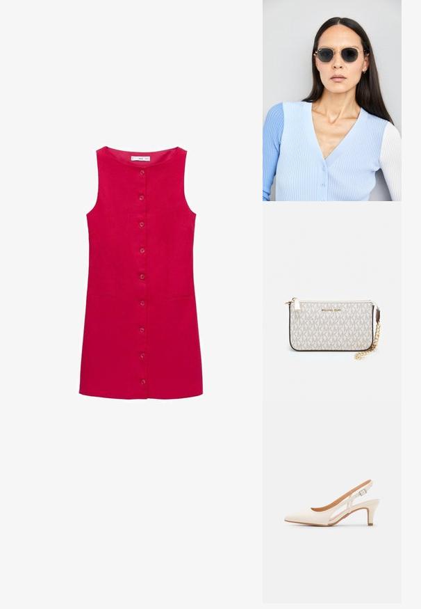 Rotes Leinenkleid ohne Ärmel mit rundem Halsausschnitt, vorderem Knopfverschluss und zwei seitlichen Taschen. Glatte Textur, knielanges Design.; Weiße Slingback-Absätze mit spitzer Zehenpartie, glattem Obermaterial, niedrigem Blockabsatz und seitlichem Ausschnitt-Design mit verstellbarem Schnallenriemen.; Runde Sonnenbrillen mit dunklen Gläsern und goldenen Rahmen. Das Modell trägt eine hellblaue, gerippte Strickjacke mit Knöpfen und weißen Kontrastärmeln.; Michael Kors Clutch in beige beschichtetem Canvas mit einem wiederholten MK-Logo-Muster, goldfarbener hardware und einem abnehmbaren Kettenriemen.