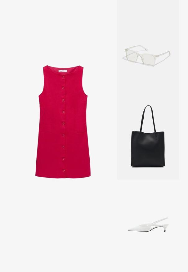 Rochie roșie din in, fără mâneci, cu decolteu rotund, închidere frontală cu nasturi și două buzunare laterale. Textură netedă, design până la genunchi.; Sandale albe cu toc slingback și vârf ascuțit, având un upper neted, decupaje subtile și un toc bloc mic. Talpa neagră accentuează designul.; Ochelari de vedere cu rame pătrate din plastic transparent, dotate cu lentile translucide și accente aurii pe temple pentru un detaliu suplimentar.; Geantă tote neagră din piele, cu textură netedă, formă rectangulară și două mânere lungi. Fără hardware vizibil sau ornamente.