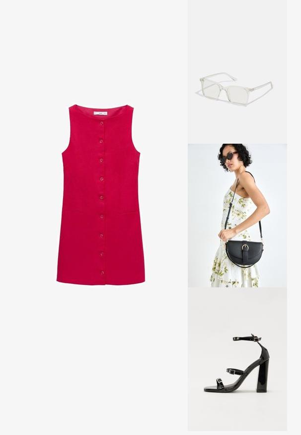 Czerwona lniana sukienka bez rękawów z okrągłym dekoltem, zapięciem na guziki z przodu i dwoma bocznymi kieszeniami. Gładka tekstura, długość do kolan.; Czarne lakierowane sandały na obcasie z kwadratowym noskiem, z paskami wokół kostki i srebrnymi klamrami. Posiadają masywny słupek dla stabilności.; Przezroczyste, kwadratowe okulary z plastiku z półprzezroczystymi soczewkami, z złotymi akcentami na zausznikach dla dodatkowego wykończenia.; Czarna skórzana torebka o zakrzywionym kształcie, z odpinanym paskiem i złotymi akcentami. Torebka posiada klapę z zapięciem w kształcie klamry.