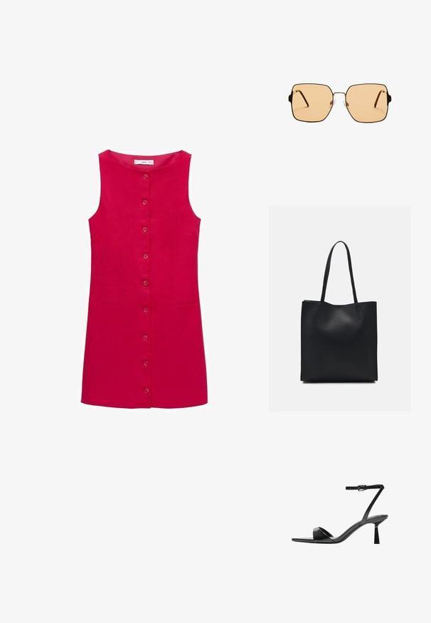 Abito senza maniche in lino rosso con scollatura rotonda, chiusura anteriore con bottoni e due tasche laterali. Texture liscia, design fino al ginocchio.; Bershka Sandali con tacco - black; Occhiali da sole quadrati con lenti marroni e una sottile montatura in metallo nero. Presentano tempie angolari e naselli regolabili per il massimo comfort.; Borsa tote in pelle nera con texture liscia, forma rettangolare e due manici lunghi. Nessun hardware o decorazione visibile.