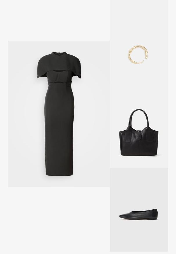 Mustat mekko, jossa on tiukka siluetti ja dramaattinen viittamainen päällyste. Korkea kaula-aukko ja aukotettu yksityiskohta vartalolla. Sileä pinta.; Musta nahkainen ballerinatyyppinen kenkä, terävä kärki, minimalinen muotoilu, sileä pinta, matala korko, ei näkyvää metalliosaa tai koristeita.; Musta nahkainen olkalaukku, jossa on sileä pinta, ryhdikäs muoto, kaksi kahvaa ja silmienpistävä hopeinen solkiyksityiskohta edessä.; Kultaketju, jossa on orgaaninen, kierretty muotoilu, sileä pinta ja cappatut päät, luoden modernin, veistoksellisen ilmeen.