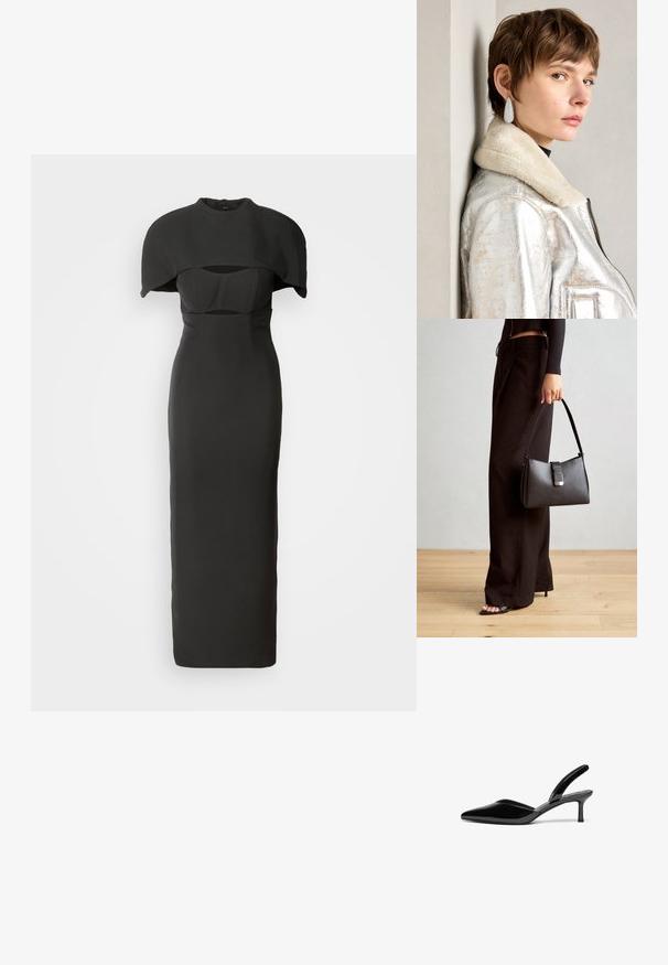 Černé šaty s přiléhavým siluetou a dramatickým přehozem. Mají vysoký výstřih a výřez na těle. Hladká textura.; Černé lakované kožené lodičky na klínu s špičatou špičkou, nízkým stiletto podpatkem a elegantním, jednoduchým designem bez ozdob.; Černá kabelka se strukturovaným tvarem, hladkým povrchem a kovovým uzávěrem. Kombinována s širokými černými kalhotami a sandály s otevřenou špičkou na dřevěné podlaze.; Stříbrná kovová kožená bunda s beránkovým límcem, s ozdobným zipem a texturovaným povrchem. Velké kapkovité náušnice s čirými drahokamy.