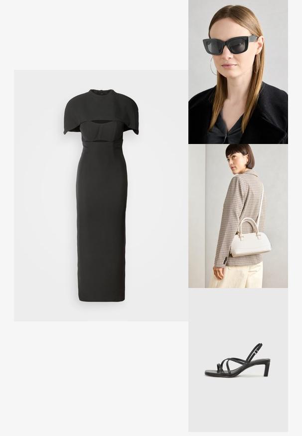 Rochie neagră cu o siluetă ajustată și un overlay dramatic în formă de pelerină. Prezintă un guler înalt și detalii decupate în zona corpului. Textură netedă.; Sandal cu barete negre, cu vârf pătrat și toc mic de bloc. Prezintă mai multe barete subțiri și o bareta ajustabilă la gleznă. Fabricat din piele netedă.; Ochelari de soare negri tip cat-eye cu lentile întunecate, rame groase și accente subtile. Purtați cu o haină neagră și un top gri, având părul lung și drept.; Geantă structurată albă, cu mânere scurte și curea de umăr, având accente din metal aurit și material texturat, expusă pe un fundal gri.