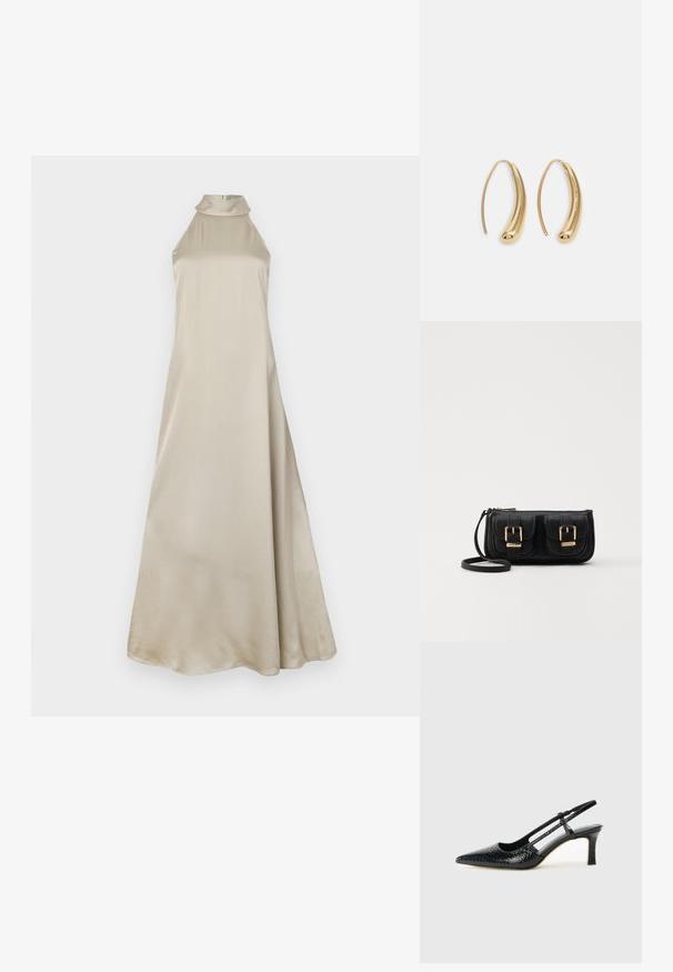 Maxi kleita gaisnā bežā satīnā, ar augstu apkakli un plūstošu siluetu. Gluda tekstūra ar nedaudz spīdumu, bez redzamām rakstām.; Melna patent āda ar slīdošo papēdi un smailo purngalu, ar teksturētu čūsku drukājumu, regulējamu siksniņu un īsu teksturētu blokpapēdi.; Melnas ādas crossbody soma ar divām priekšējām kabatām, zelta sprādzēm, ar rāvējslēdzēju aizdari un šauru siksnu. Strukturēta virsma un kompakta taisnstūra forma.; Zelta toņu metāla gredzena auskari ar izliektu, pagarinātu formu. Ar gludu, spīdīgu virsma un noapaļotu galu papildu detaļām.