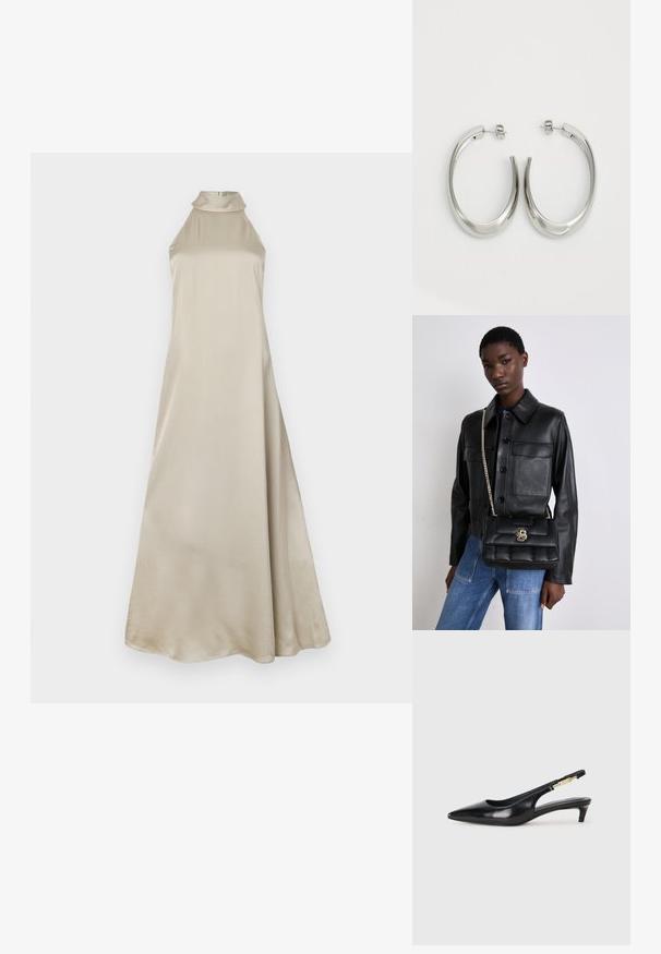 Maxi sukienka w jasnym beżowym satynie, z wysokim kołnierzem i zwiewną sylwetką. Gładka tekstura z delikatnym połyskiem, bez widocznych wzorów.; Czarne skórzane szpilki typu slingback z ostrym noskiem, posiadające smukły obcas i złoty akcent na regulowanym pasku. Gładka tekstura.; Czarna skórzana kurtka z zapięciem na guziki i dwoma przednimi kieszeniami, w połączeniu z czarną pikowaną torebką na ramię z złotym zapięciem i łańcuszkowym paskiem.; Srebrne kolczyki-hoop o gładkim, zakrzywionym designie. Posiadają błyszczące metaliczne wykończenie i zapięcie na sztyft. Brak widocznych wzorów lub akcentów.