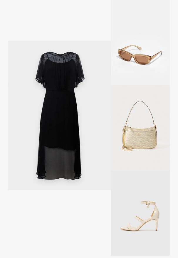 Black dress with short, sheer flutter sleeves, a round neck, and a flowing skirt ending below the knee. Lightweight, translucent fabric.; Beige high-heeled sandals with thin ankle strap and two upper straps. Glossy patent finish and gold hardware detail on the ankle strap.; Brown tinted sunglasses with a rectangular shape, transparent brown plastic frame, and subtle logo detailing on the sides.; Gold-textured handbag with a smooth leather strap, featuring a zip closure and subtle logo pattern printed on the surface.