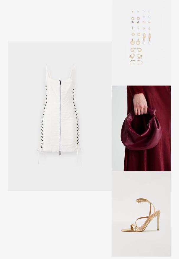 Balts pieguļošs kleita ar priekšējo rāvējslēdzēju un sānu mežģīņu detaļām. Iekļauj regulējamas saites apakšmalā un plānas siksniņas. Gluda auduma tekstūra.; Even&Odd Augstpapēžu sandales - gold; Burgundijas ādas rokassoma ar mīkstu, sakrautu dizainu un apaļu formu. Rokturi ir nostiprināti, parādot gludu tekstūru.; Zeltainā tonī auskari, kas iekļauj dažādus dizainus, tostarp pīrsingu, gredzenus un karājošus elementus ar pērlēm un rhinestones.