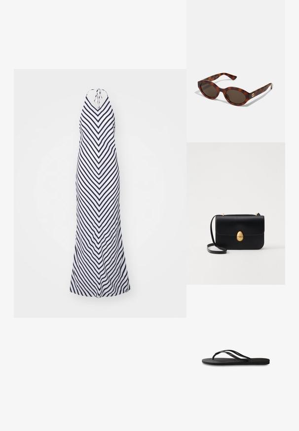 Tumed ja valged triibulised pikk kleit, millel on kaela taga kinnituv lõik, chevron muster ja voogav disain ümarate servadega.; Mustad mustes suss, millel on tekstureeritud kummist põhi, kaks peenikest rihma ja tagasihoidlik, reljeefne logo detail rihmal.; Konnitšäugiga prillid, millel on ümarad raamid, tumedad läätsed ja kuldsed logo detailid tempudel. Sile plastmaterjal, nähtavad mustrid puuduvad.; Must kase nahast käekott, millel on struktureeritud ristkülikukujuline kuju. Omab kuldset ovaalset lukku ja õhukest õlavarre rihma. Sile tekstuur.