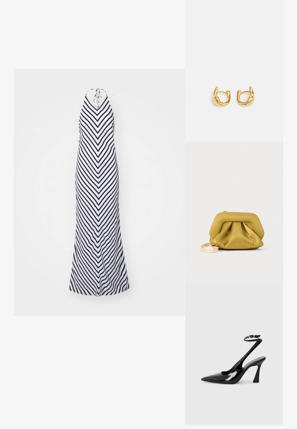 Marinblå och vitrandig långklänning med halterneck, chevronmönster och en flödande design med rundad nederkant.; Svart patentläder slingback högklackade skor med spetsig tå, justerbar ankelsnodd och en måttlig blockklack. Slät yta med glansig finish.; Gul, mjuk-texturerad clutchväska med en strukturerad topp, samlad botten och ett tunt, avtagbart band. Dragkedjeförslutning på toppen.; Guldörhängen med en slät, rund design och en polerad yta. Örhängena har en kompakt, tjock form och en sömlös spänne.